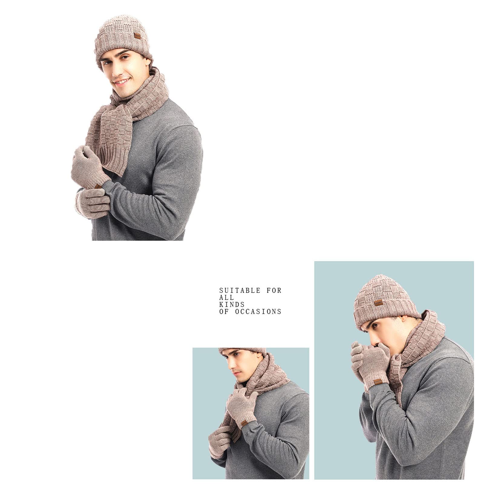 Ensemble Bonnet et écharpe d'hiver Outdoor Ski Warm Knit Hat Echarpe Gants Lot De 3 Bonnet en Tricot Chaud(Khaki)