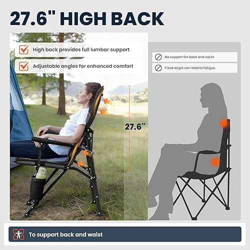 Miniatura 4 de Overmont Silla de campamento con soporte de respaldo para adultos, de gran tamaño con respaldo alto ajustable, silla plegable resistente que soporta