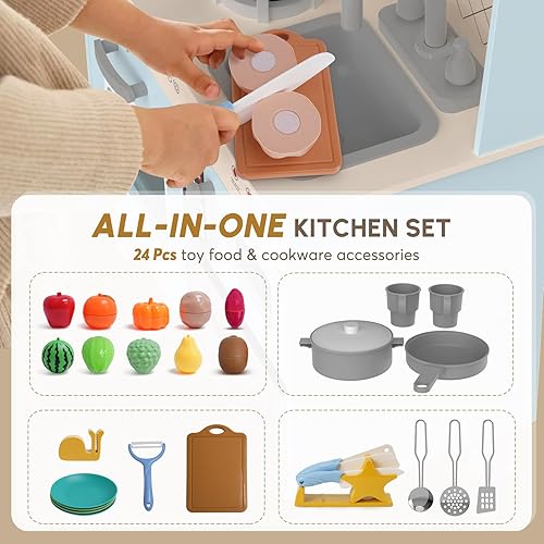 Miniatura 3 de BIERUM Juego de cocina con luces y sonidos realistas, juego de cocina de madera para niños pequeños, cocina de juguete con 26 accesorios de comida y