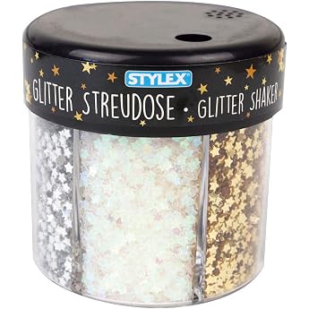 Stylex 23387 Glitter Shaker Decoration in a Practical Shaker Tin with Hearts and Stars in 6 Different Designs for Crafts and Decorating