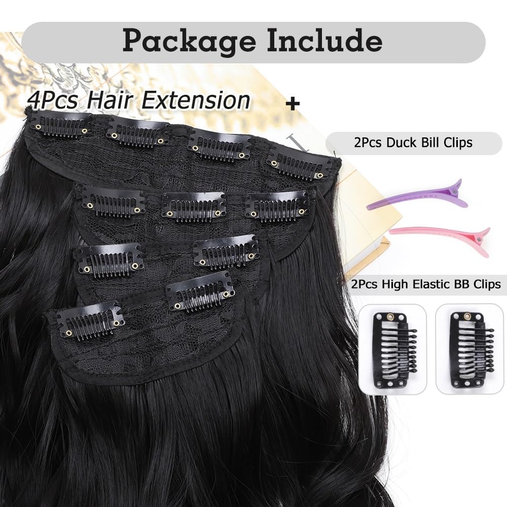 Clip in Hair Extensions Juego de 24 Pulgadas 4 Piezas Rizado Clip de Extensión de Cabello, Piezas de Cabello Para Mujeres YDDM Fibras de Cabello Sintéticas A(1B#)