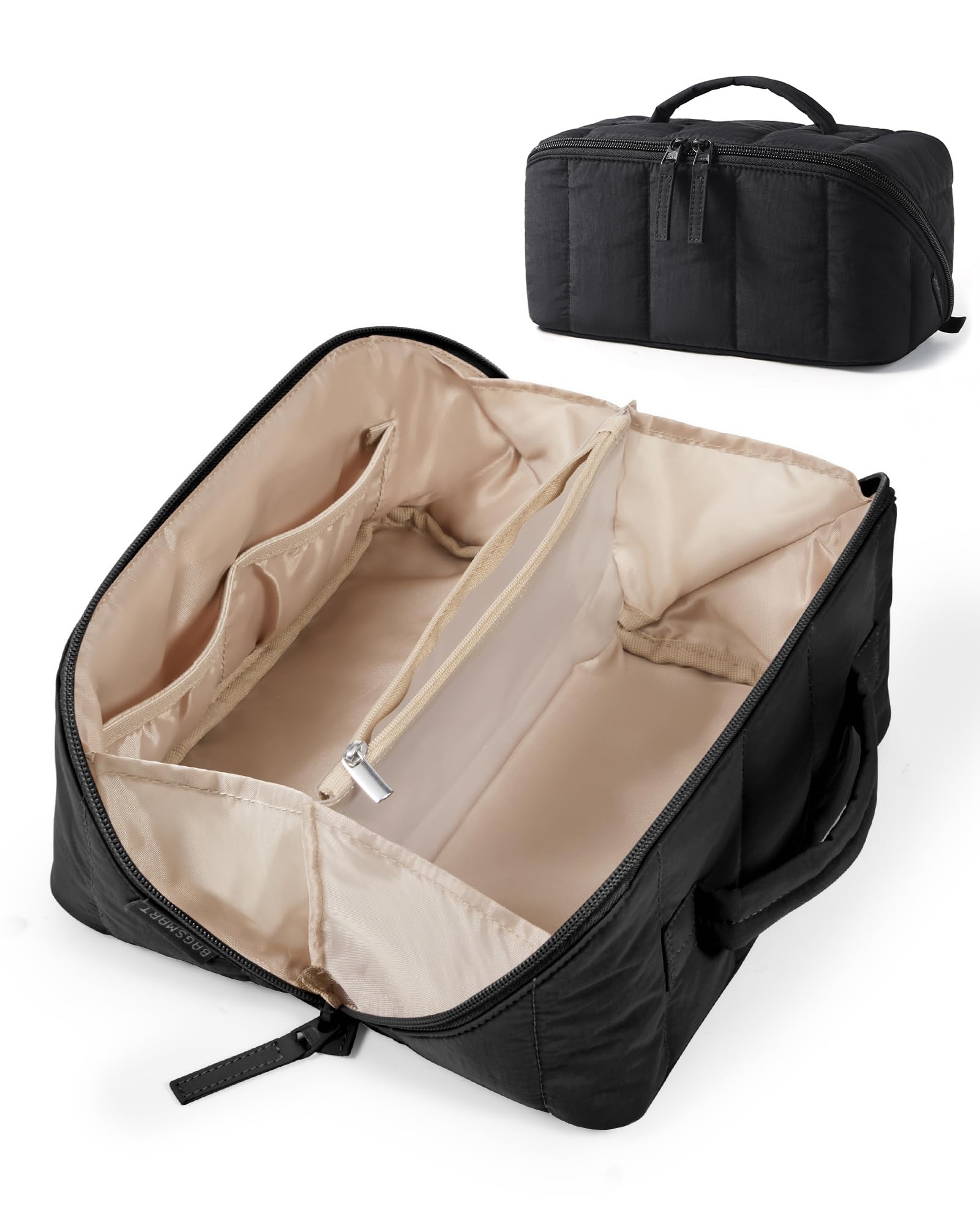 BAGSMART Travel Makeup Bag for Women, Portable Water-resistant Cosmetic Case, Puffy Padded Make Up Organizer Pouch, Open Flat Toiletry Bag for Toiletries, Brushes, Black