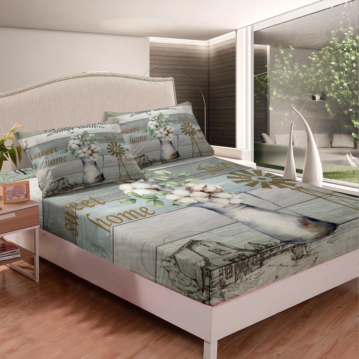 Farmhouse Sheets Country Floral Cotton Flower Fitted Sheet,Rustic Wooden Plank Cottage Lodge Cabin Bed Sheets Garden Windmill Decor Full,Vintage Farm House Room Decor,Watercolor