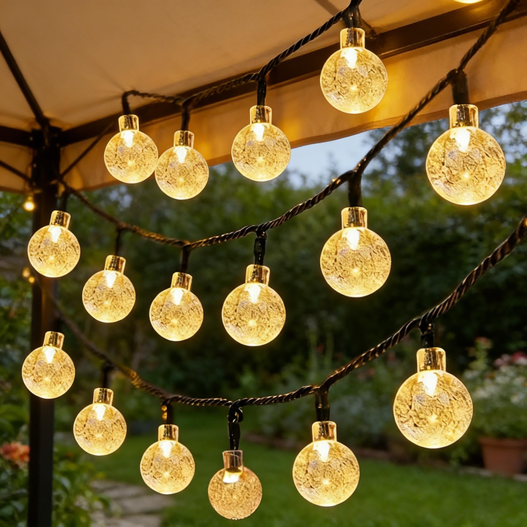 Knasin Warm White 50Led Solar Fairy Lights Garden Outdoor, 8M/26Ft Solar String Lights Waterproof Solar Powered Bubble Lights, 8 Modes With 8-Hour Timer, Suitable For Garden, Party, Yard, Decoration (Warm White)