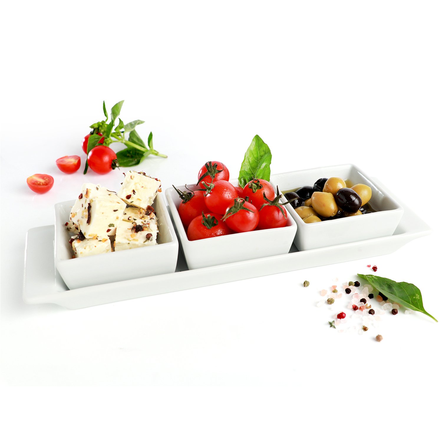 Urban Snackers Set of 3 Bowls & Tray, Square Shaped White Porcelain 3o cm Use for Serving Breakfast, Dining and Snacks, at Home, Kitchen and Hotel