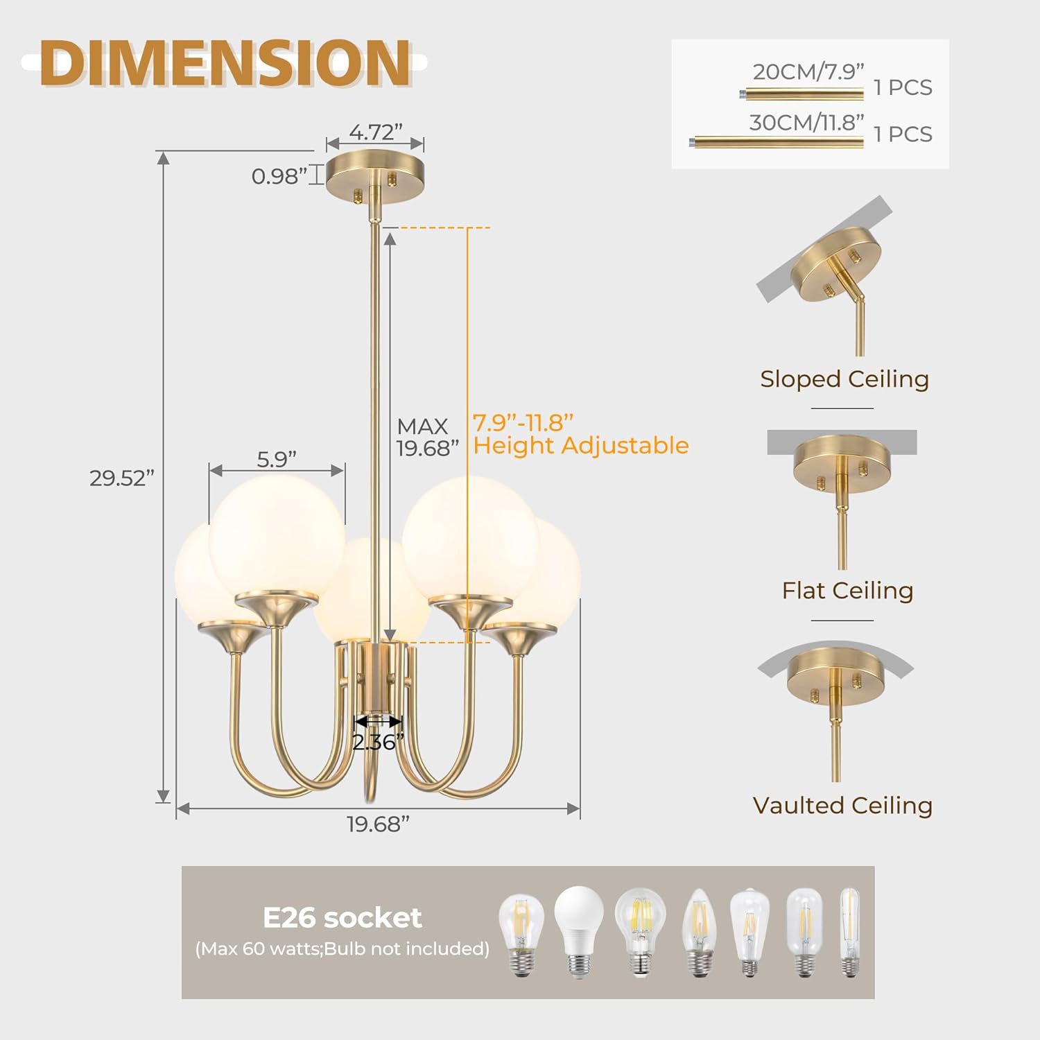 FTL 5 Light Gold Globe White Milk Glass Chandelier Mid Century Modern Sputnik Ceiling Light Fixture E26 Brass Vintage Pendant Light Kitchen Island Hanging Lights for Dining Room, Bedroom, Living Room