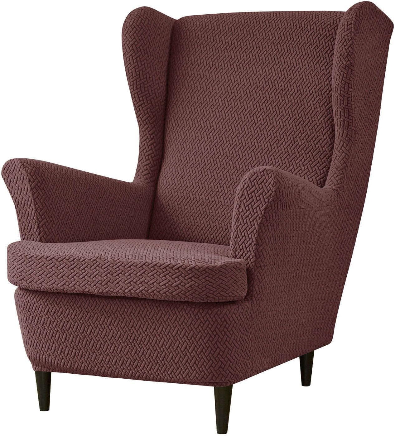 Haclen Brown Stretch Wingback Chair Cover With Cushion Cover, Wing Chair Slipcover Removable Wingback Armchair Slipcover Living Room (,One Size)