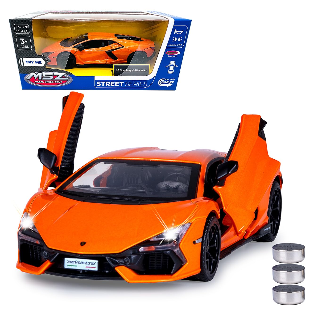 JAMARA 402618 Lamborghini Revuelto Diecast 1:​32 avec Piles Bouton – Jouet Miniature pour Enfants, idée Cadeau pour Enfants, Portes Ouverture/​Fermeture Manuelle
