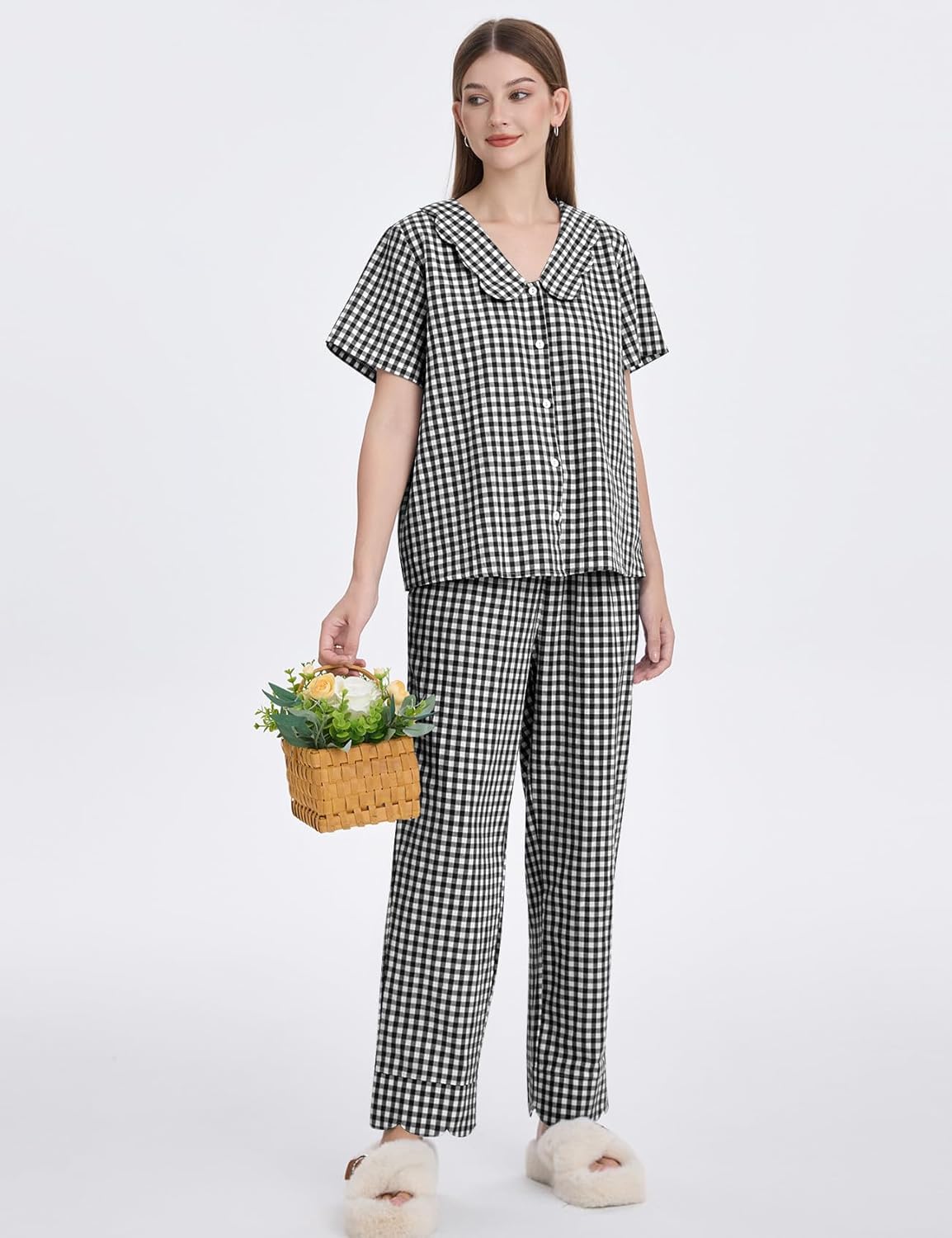 Kissonic Womens Gingham Pajama Set Cute Cotton Ruffle Pajamas Cozy Plaid Y2K Pjs Babydoll Sleepwear - Image 3