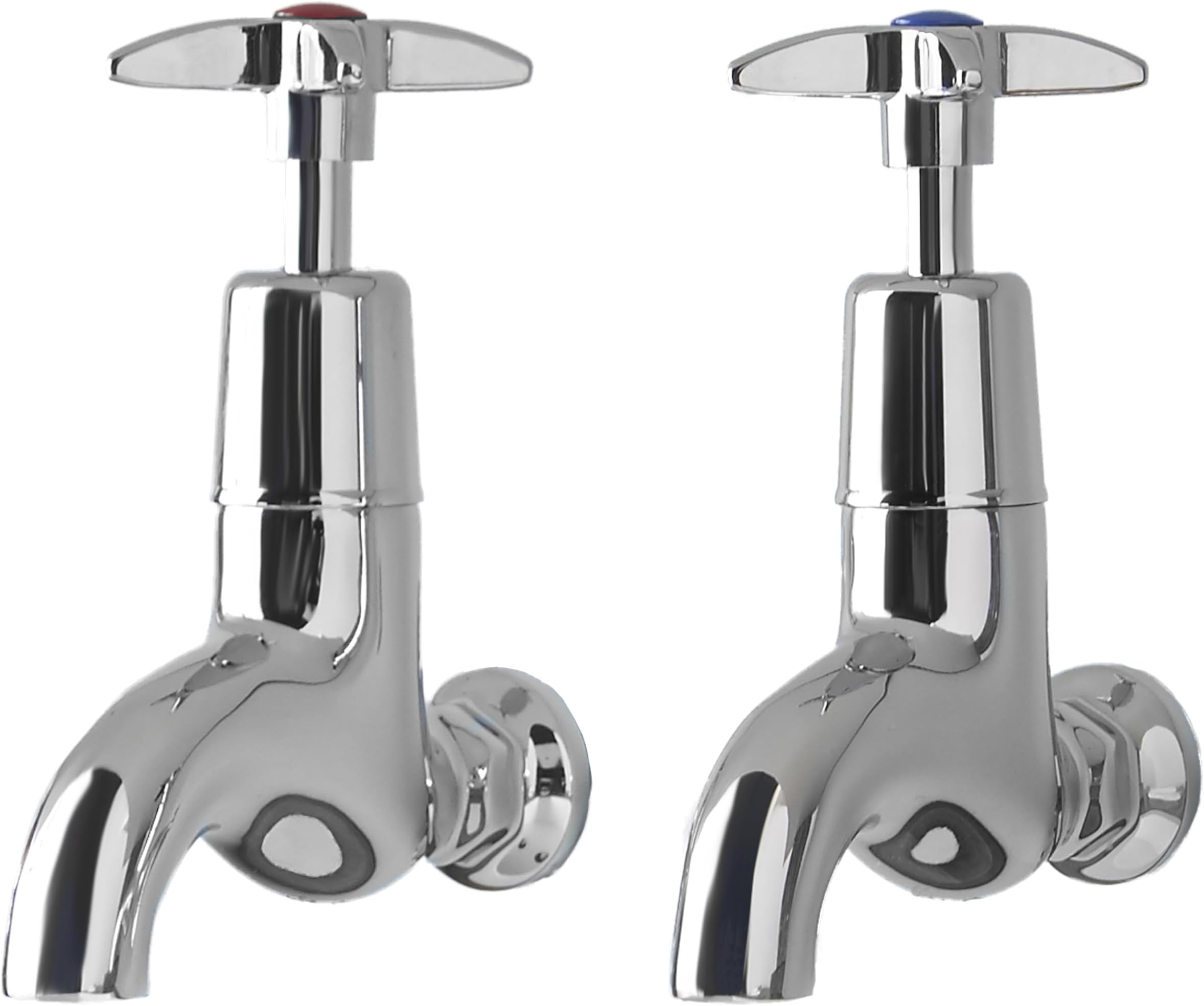 Deva 095X Cross Handle Chrome Bib Taps Wall Mounted Set Hot & Cold Pair Kitchen Belfast Basin Utility Room School Space Saving Silver Dual Tap Sink Faucet – 12 Year Warranty