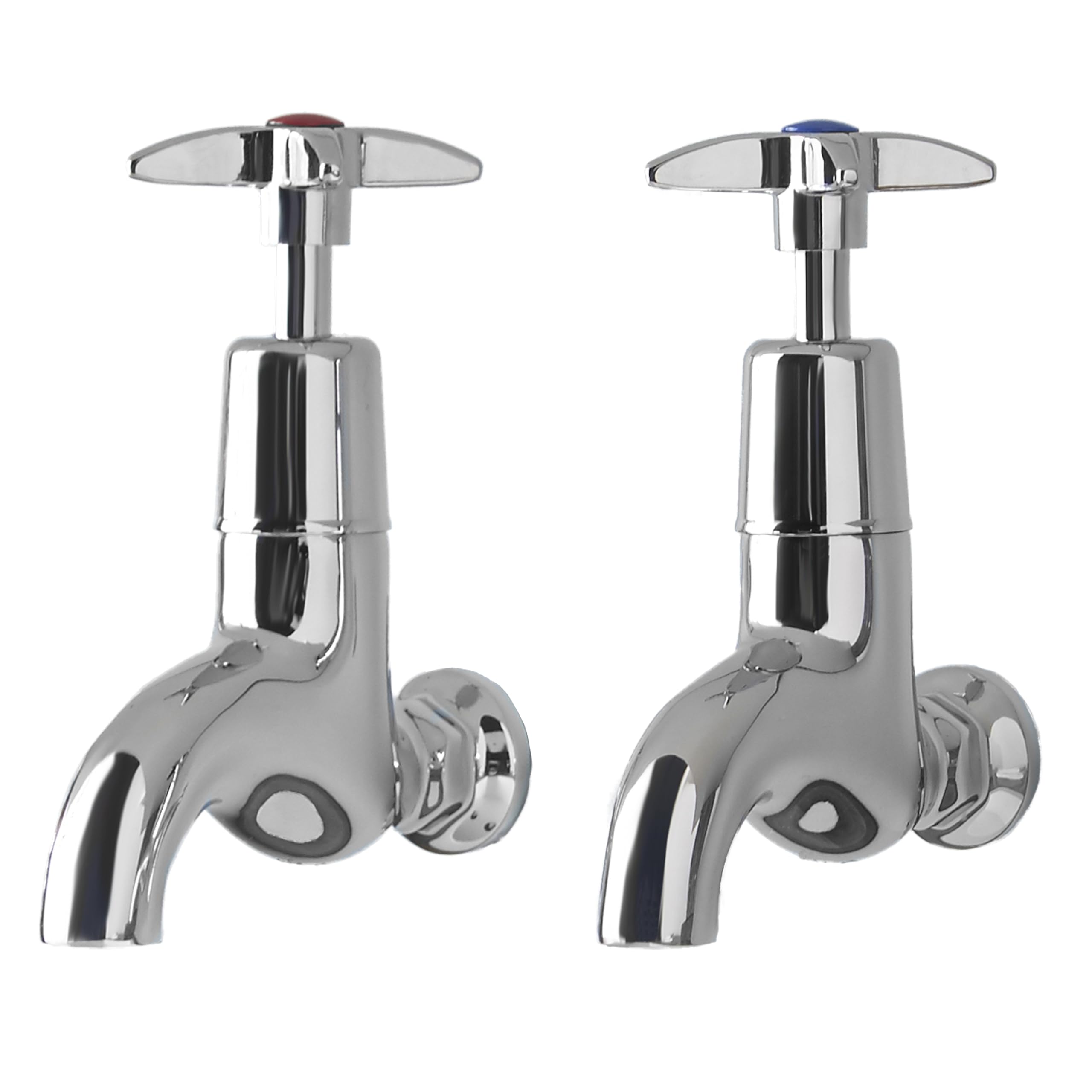 Deva 095X Cross Handle Chrome Bib Taps Wall Mounted Set Hot & Cold Pair Kitchen Belfast Basin Utility Room School Space Saving Silver Dual Tap Sink Faucet – 12 Year Warranty