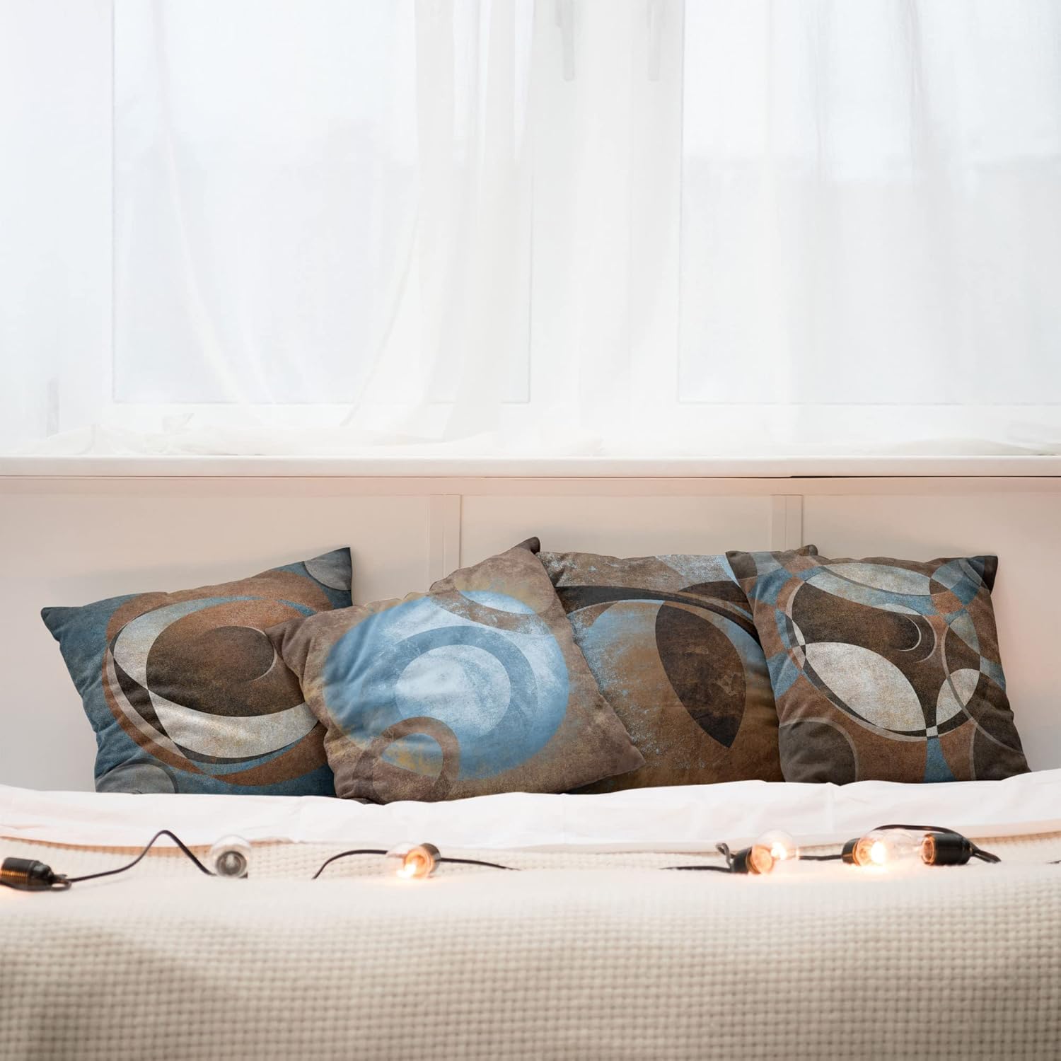 Ambesonne Retro Throw Pillow Cushion Case Pack of 4, Groovy Effect Geometric Design Circles Rounds Grunge Style Weathered Ornament, Modern Accent Double-Sided Digital Printing, 16", Cadet Blue Brown