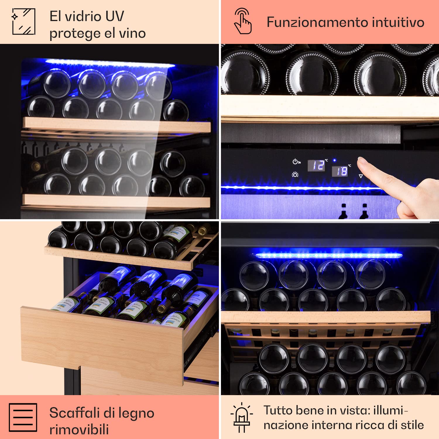 KLARSTEIN Cantinetta Vino, Cantinetta Vino Refrigerata a Zona Doppia per Interno/Esterni, Frigo Bar, Cantina Vino con Vetrina, Mini Bar con Protezione UV, Frigo Vino Touch, 5-18°C, 123 Bottiglie