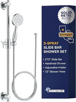 HammerHead Showers Solid Metal 27.5 Inch Shower Slide Bar with 3-Spray Handheld Shower Head with Long Hose and Holder, 1.75 GPM Low Flow Shower Head, Chrome