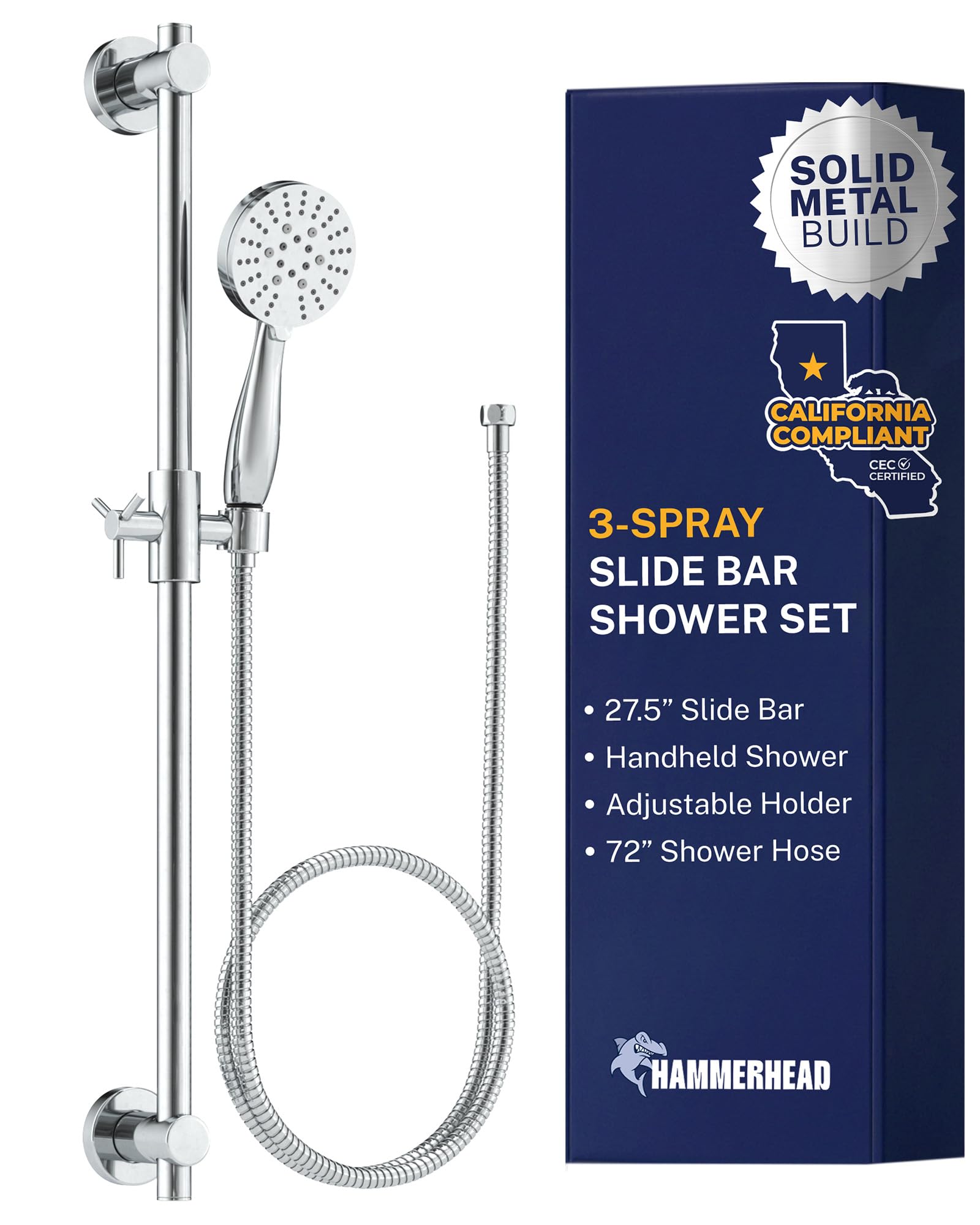 HammerHead Showers Solid Metal 27.5 Inch Shower Slide Bar with 3-Spray Handheld Shower Head with Long Hose and Holder, 1.75 GPM Low Flow Shower Head, Chrome