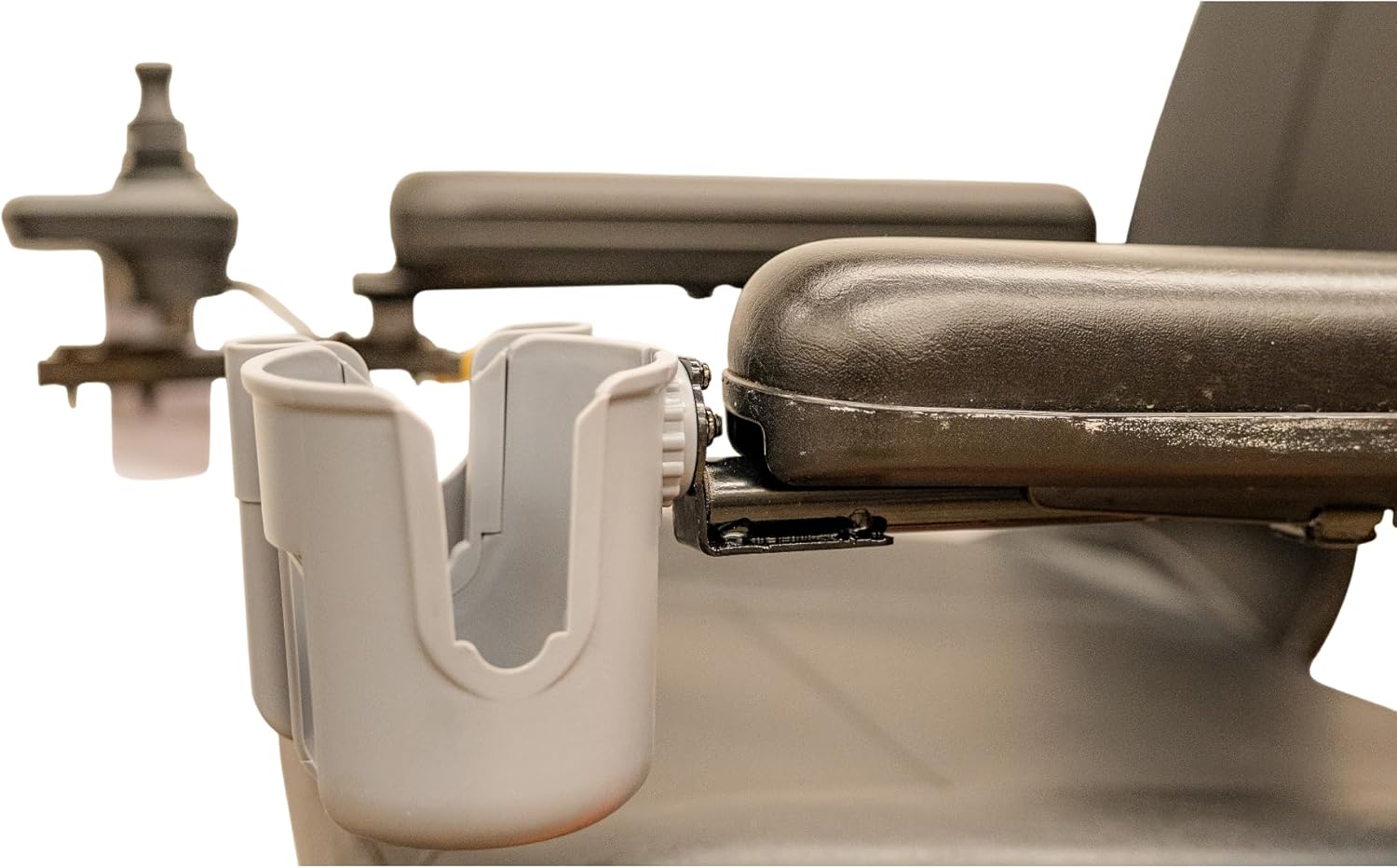 Powerchair Armrest Cup Holder w/Removable Phone Slot - Fits Standard 19mm (3/4") Joystick Mount - Gray Cup, Works on Most Standard Powerchairs Assembled in USA