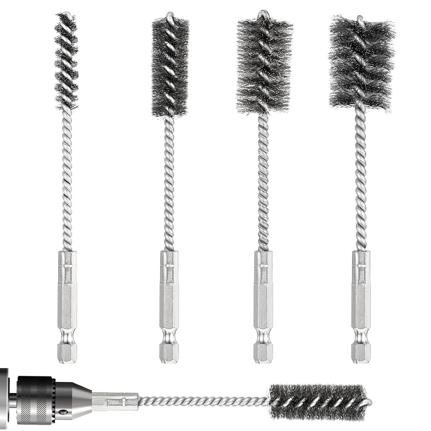 4 PCS Stainless Steel Wire Brushes,Hex Shank Handle Small Wire Brushes,for Drill Ports Tubes Bearings Cleaning Parts Attachments and More,3/8'',1/2'',3/4'',7/8''