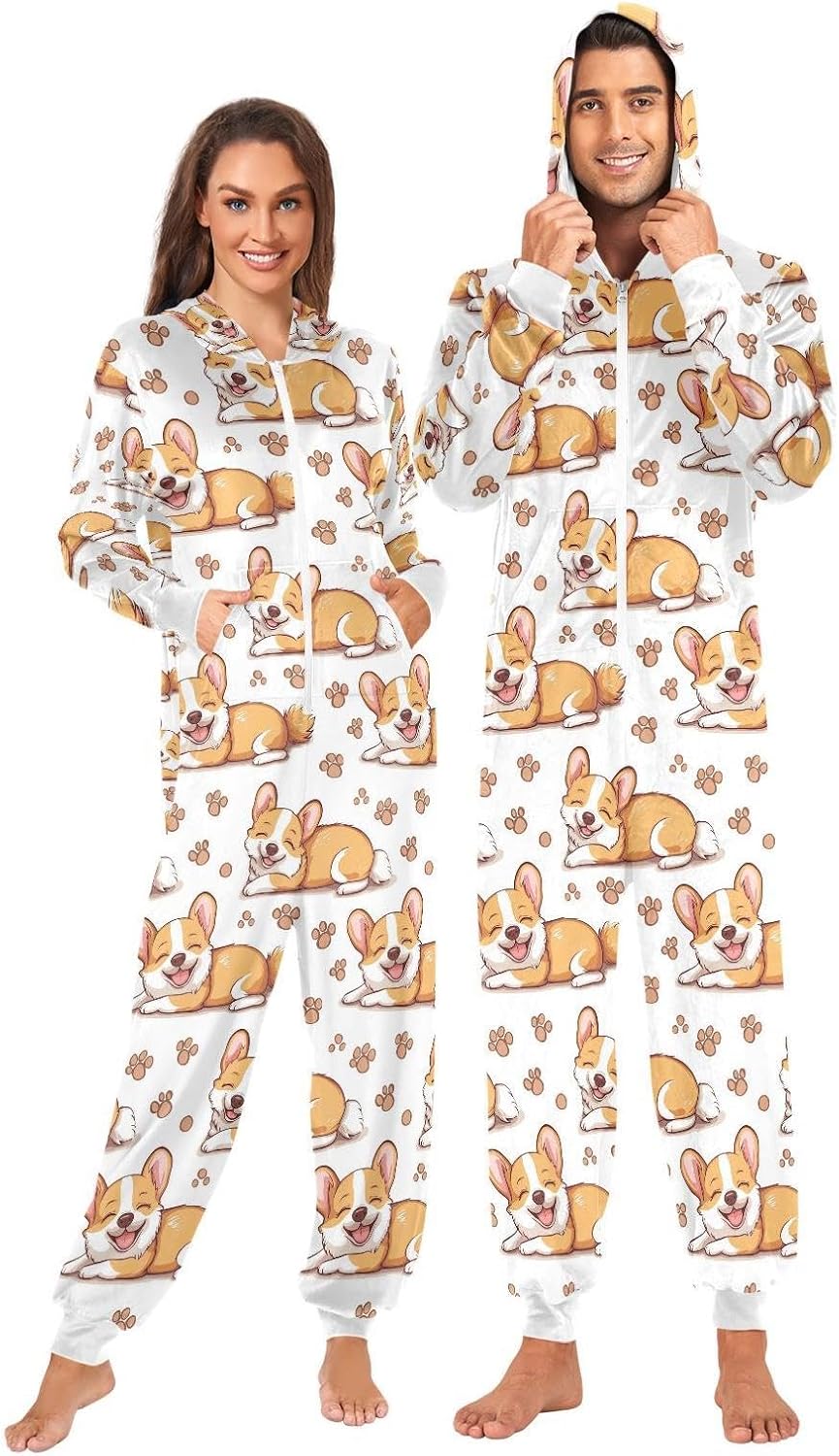 ZZKKO Cute Happy Corgi Dog Adult Onesie Pajamas for Women Men Cozy One Piece Pajamas Costume Zip-Up Hooded S-XL