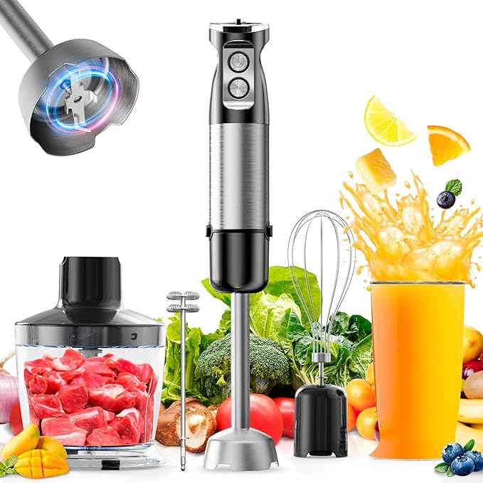 Hand Stick Blender - 1200W Immersion Handheld Blender Set, 5in1 Electric Blender Heavy Duty Motor with 6 Speed Handheld Mixer with 600ml Mixing Beaker, 500ml Chopper, Whisk and Milk Frother, BPA-Free
