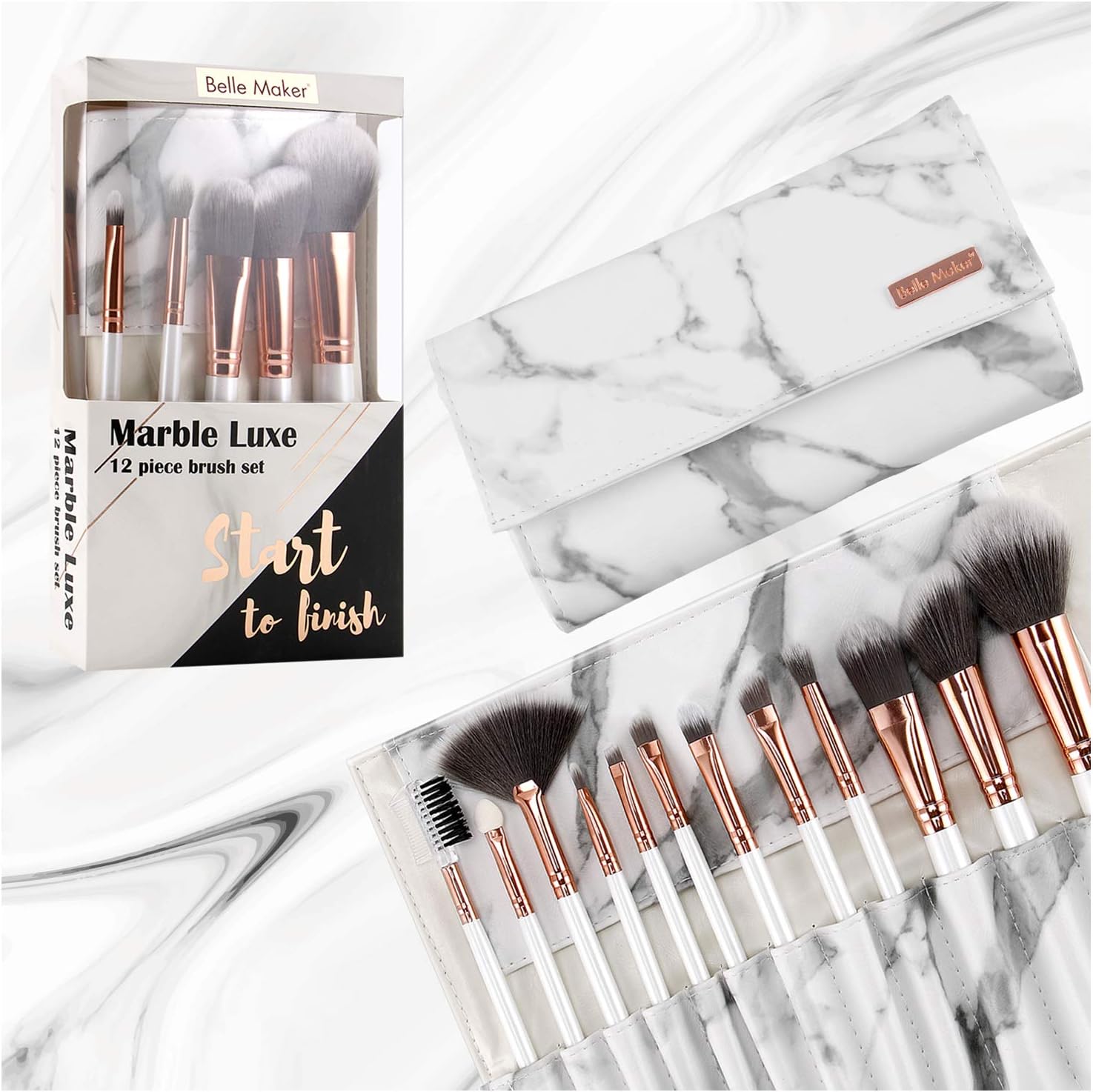 Marble Luxe Belle Maker Makeup Brushes 12pc ROSE GOLD Make Up Brushes Set With Professional Marblious Travel Vegan Leather Marble Makeup Brush Set Bag Organizer Case Kit with Eyeshadow Eyebrow Sponge