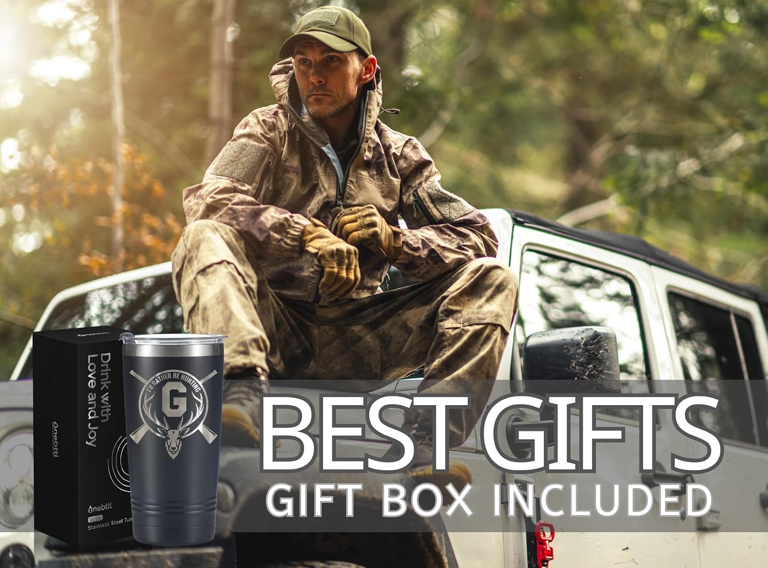 Onebttl Hunting Gifts for Men with Initial Letters, 20oz Stainless Steel Tumbler, Spill-Proof Lid & Straw Included, Gifts for Dad, Birthday & Christmas, Black - G