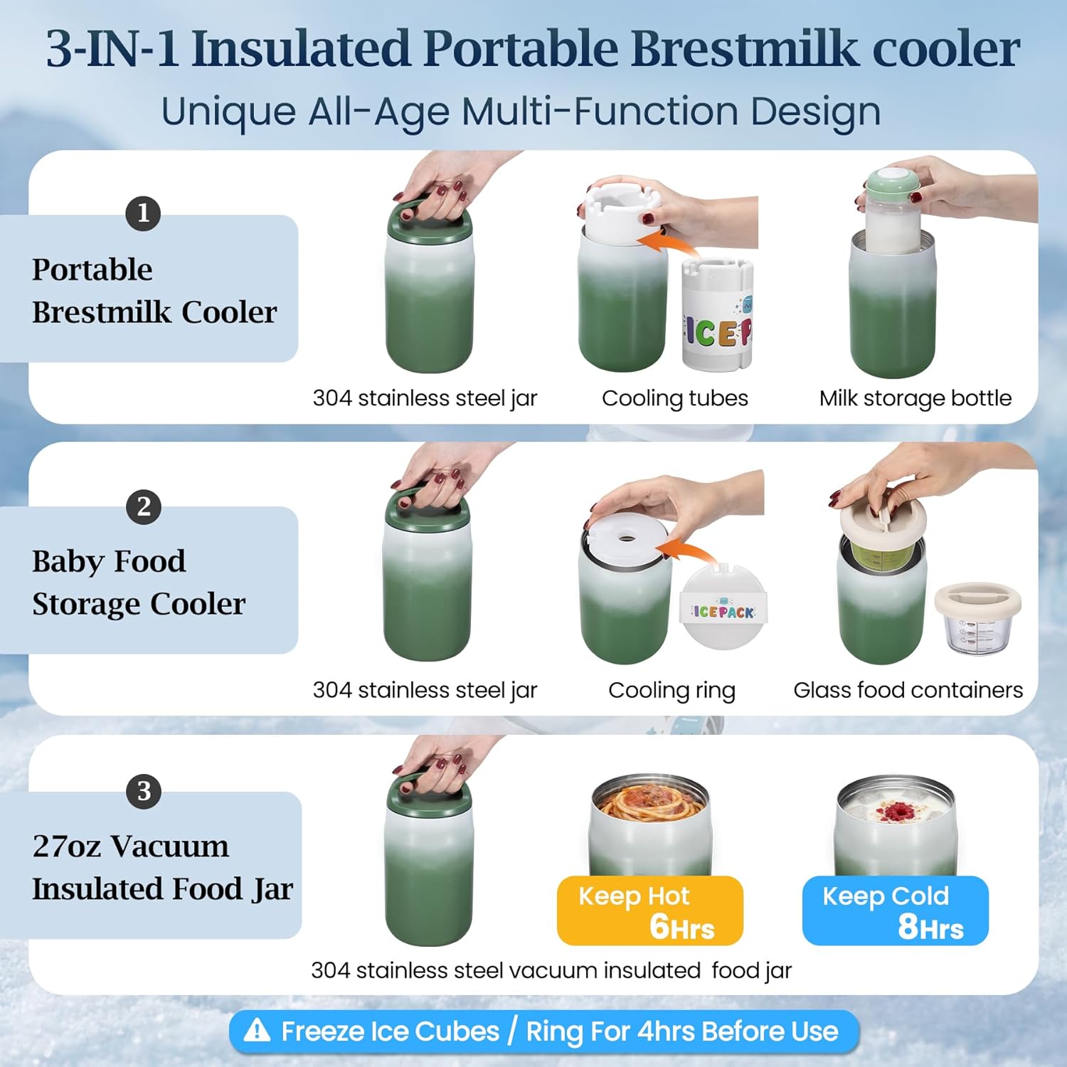 3-in-1 Breast Milk Cooler for 24H 360° Cooling, 11oz Breastmilk Chiller with Bottle & 8oz Baby Food Containers & 27oz Insulated Food Jar, Fits from Baby to Adult for Outdoor, Work & Travel - Green