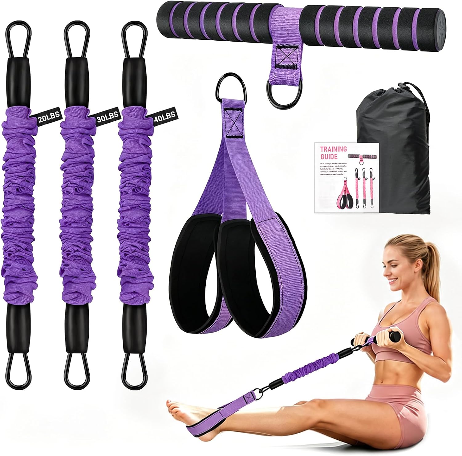 Pedal Resistance Bands with Handles, 90Lbs Adjustable Exercise Band Set | Adjustable natural latex bands with handles & pedals. 7 levels max 90 lbs. Perfect workout equipment for yoga & home gym