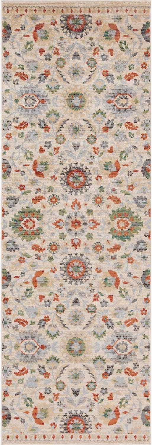 BNM Indoor Large Runner Rug with Jute Backing, Great for Entryway, Living Room, Kitchen, Dorm, Bedroom, Hallway, Perfect for Hardwood Floors, Vintage Floral Indoor Runner Rug, 2' 7" x 8', Ivory