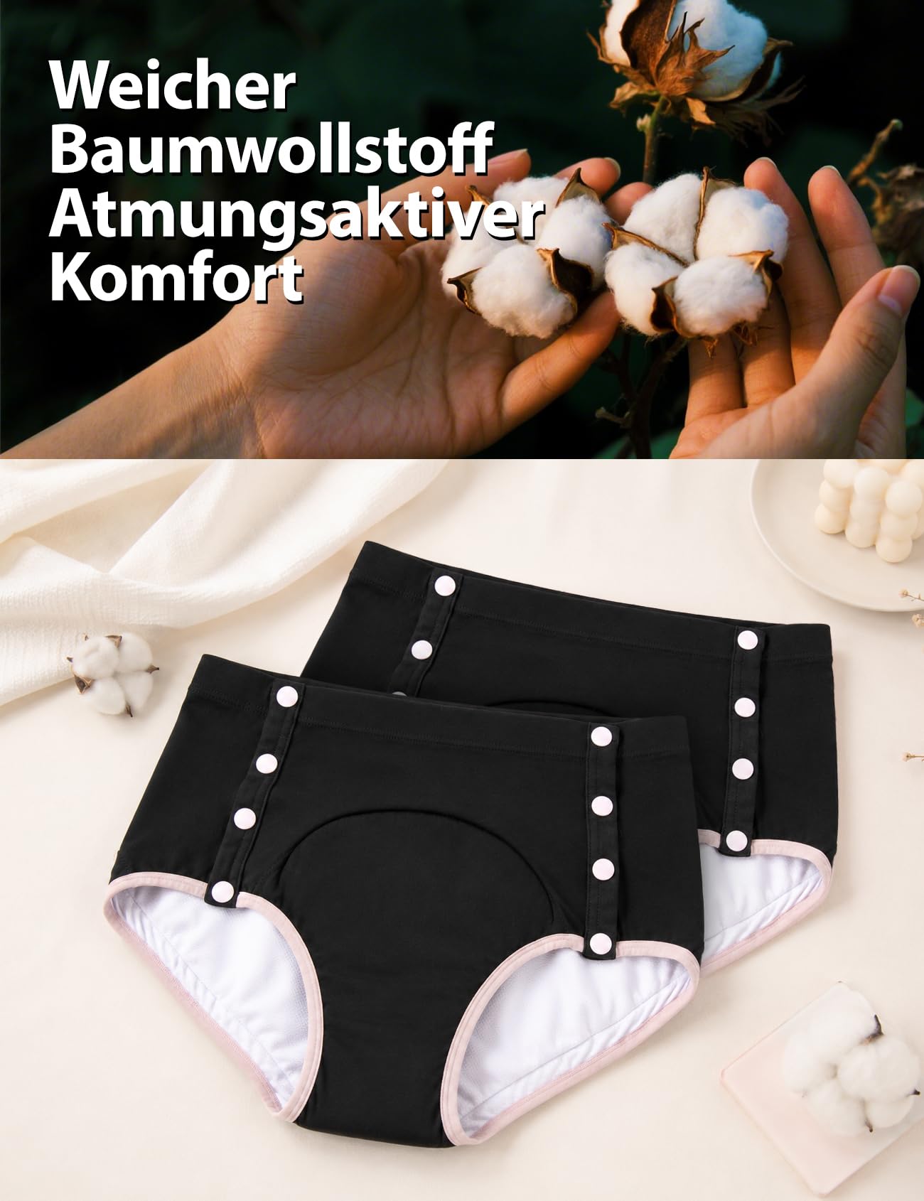 Carer 3er Pack Damen Inkontinenz Slip 230 ml Saugfähigkeit Baumwolle | Auslaufsichere Inkontinenz Unterwäsche seitlichem Druckknopf abnehmbares Design waschbar bei Blasenschwäche Schwarz Größe L