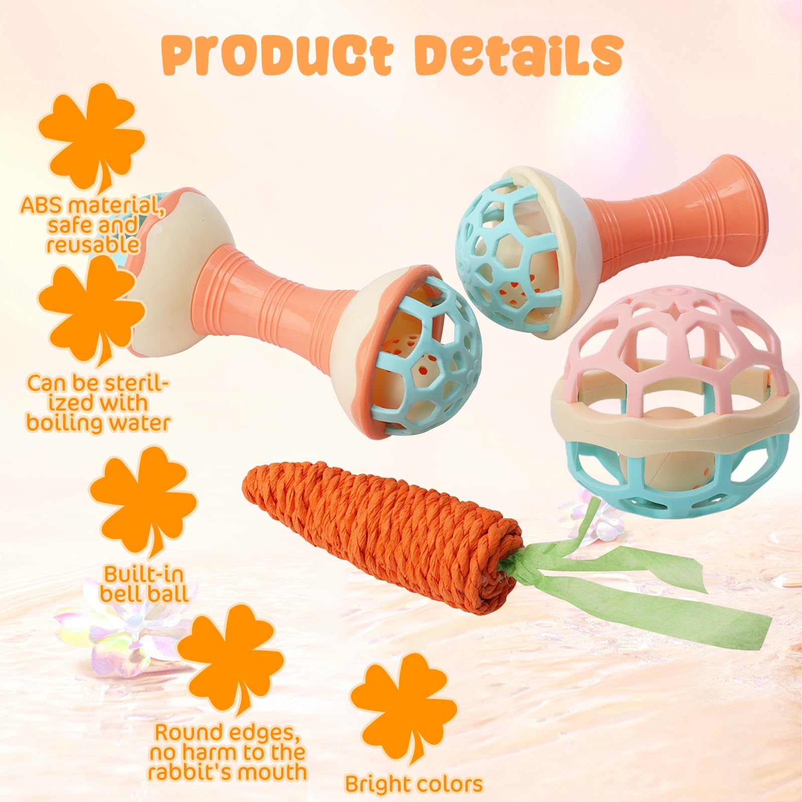 FIDWALL 4 Pcs Bell Ball Rabbit Toys Set including Carrot Chew Toy,Premium Rabbit - Image 3