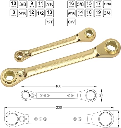 Miniatura 5 de TRUE MECHANIC Juego de llaves de trinquete reversibles GPlating de 2 piezas, 10 en 1 72T, SAEmétricas