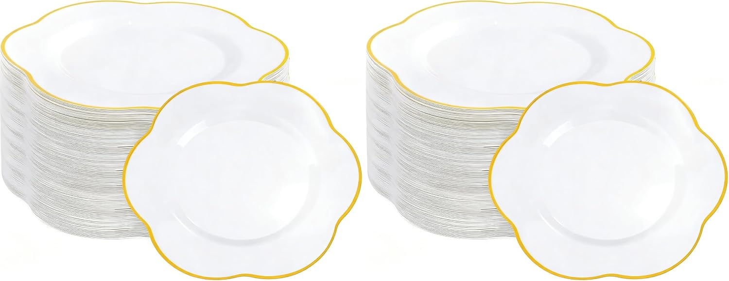 Liacere 100PCS Gold Plastic Plates - White and Gold Dinner Plates - with Gold rim10inch Heavy Duty Disposable Plates, Perfect for Wedding & Party & Holiday & Afternoon Tea (Pack of 2)