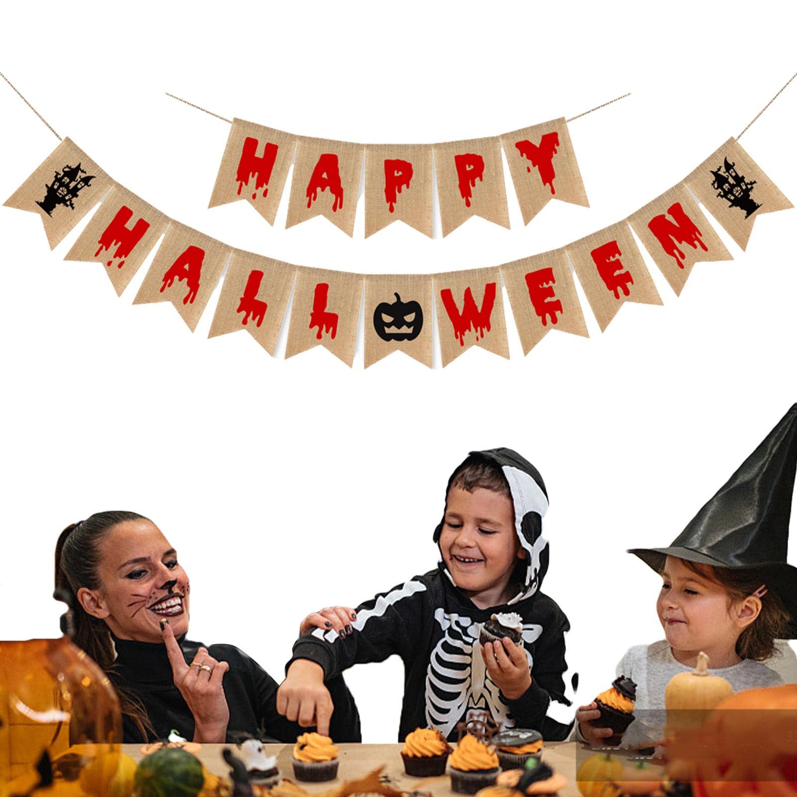 Banner di Tela di Halloween - Banner di Ghirlanda per Feste di Halloween con Strega di Zucca, Ghirlanda di striscioni rustici da Appendere per Decorazioni per Feste in Fattoria di Halloween