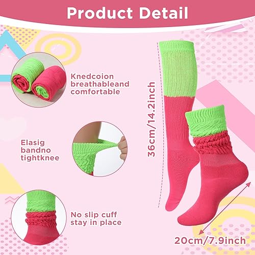 Vista 2 de Calcetines de neón de los años 80s90s para mujer, calcetines retro con bloques de color para ropa de neón, accesorio de los años 80, calentador