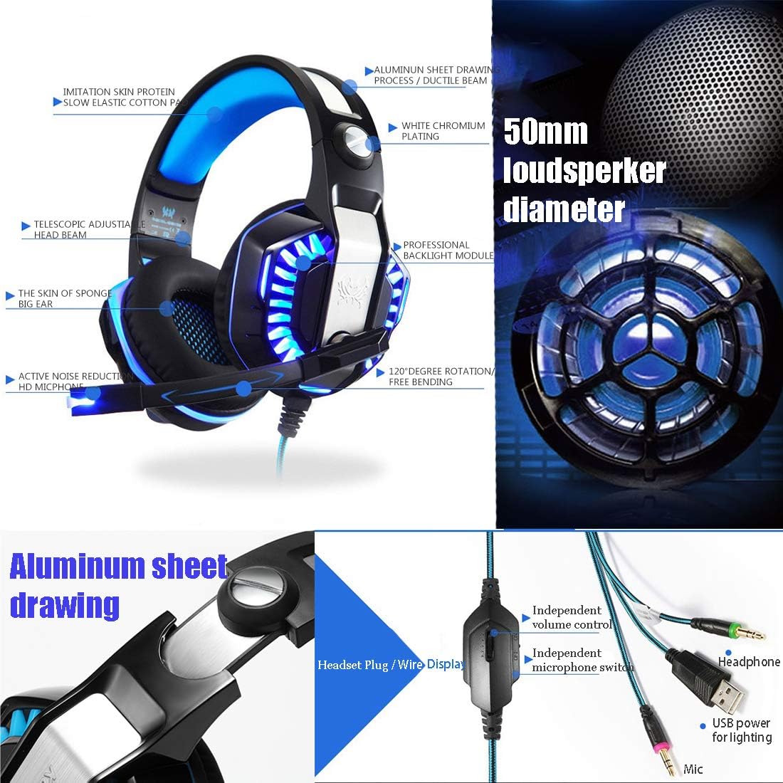 Gaming Headset Noise Cancelling Over Ear Headphones with Mic & LED Light Bass Surround for PS4, PC, Xbox One, Nintendo Switch Laptop Mac 3D Surround Sound Volume Control … (Blue)