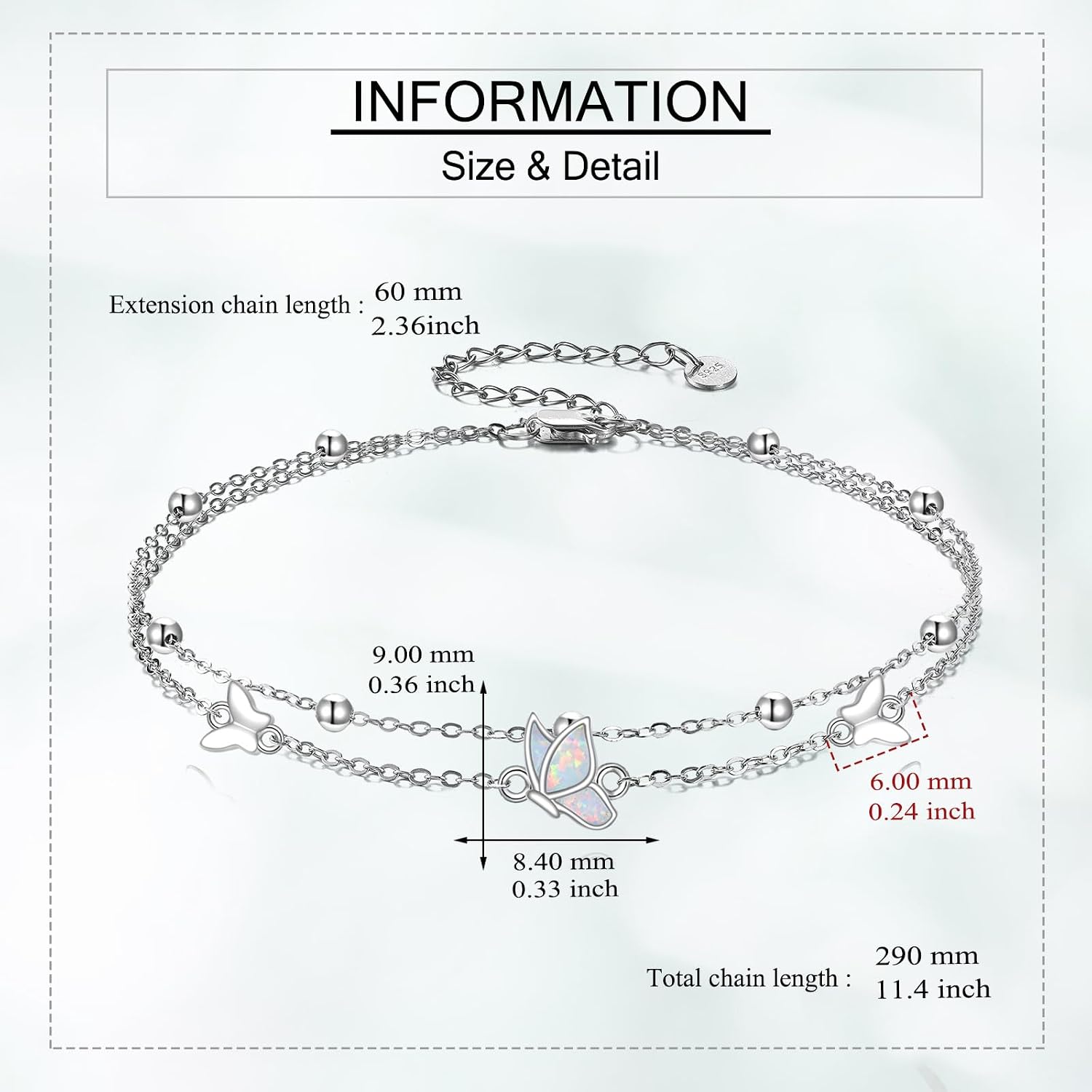 Butterfly Anklet Bracelet 925 Sterling Silver Opal Layered Anklet Bracelet Butterfly Jewelry for Women Mom