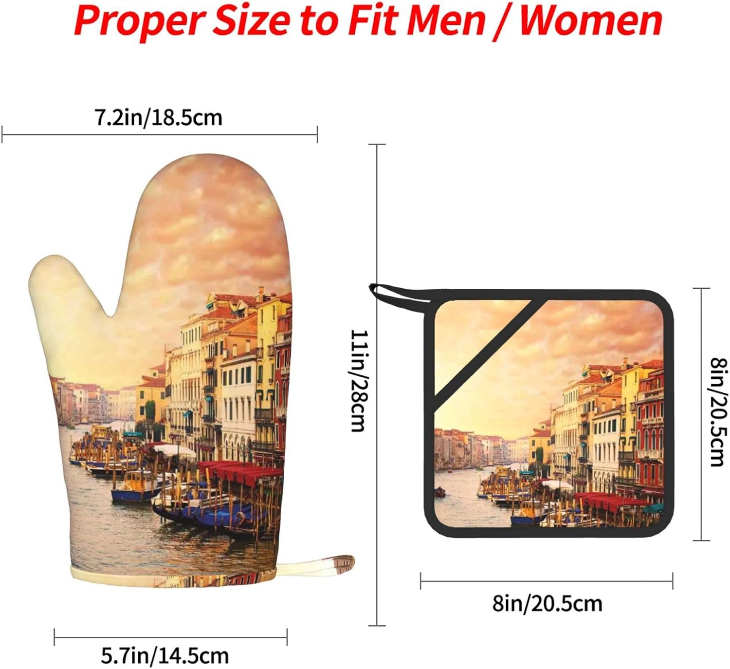 Beautiful Venice Canal View Oven Mitts and Pot Holders Set of 4 Heat Resistant Kitchen Gloves with Silicone Palm Hot Pads for Baking Cooking Grilling BBQ