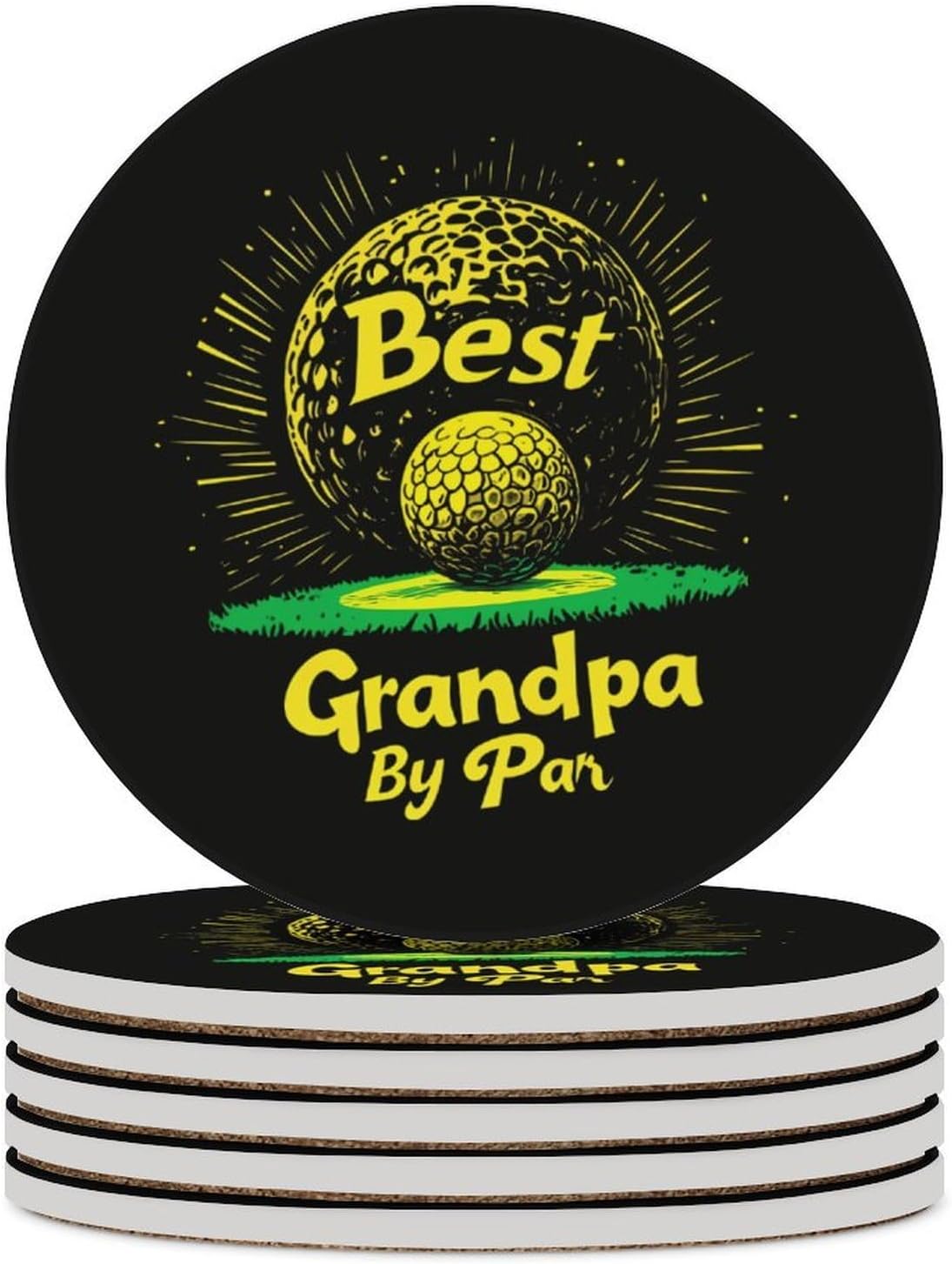 Best Grandpa by Par Round Ceramic Coasters Print Drinks Absorbent with Cork Base for Home Decor Gifts 4 Inch