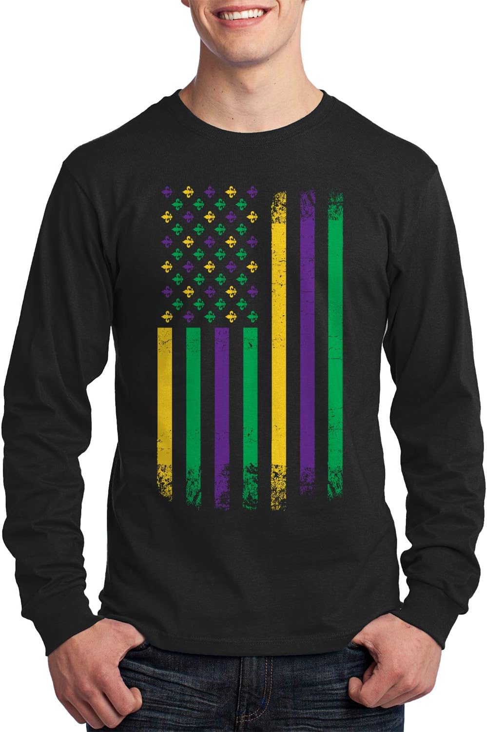 Threadrock Men's Mardi Gras American Flag Long Sleeve T-Shirt