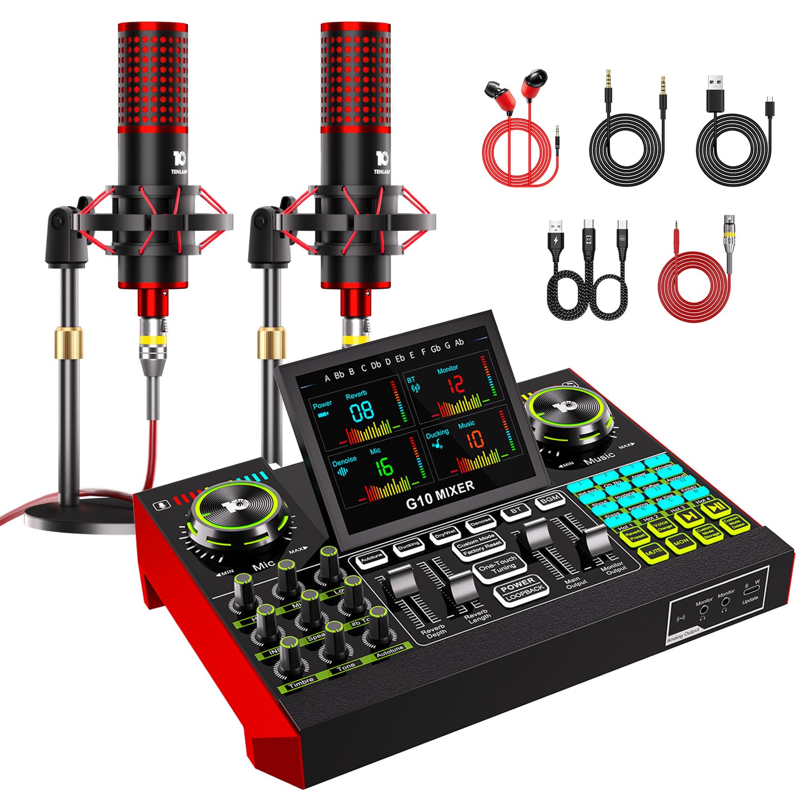 Tenlamp Mixer audio, kit di attrezzature per podcast con scheda audio live, microfono a condensatore da 3,5 mm, alloggiamento per effetti sonori, per PC e telefono
