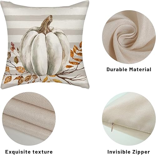 Miniatura 3 de Juego de 2 fundas de almohada de otoño de 16 x 16 pulgadas, diseño de calabaza a rayas grises para sofá, hojas de arce, cosecha de otoño, interiores