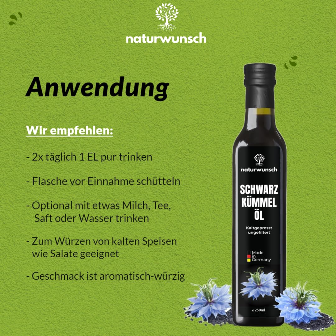 naturwunsch Olej z czarnuszki, 2 x 250 ml (500 ml), niefiltrowany, tłoczony na zimno, świeży z Niemiec, satywa z czarnuszki, 100% czysty