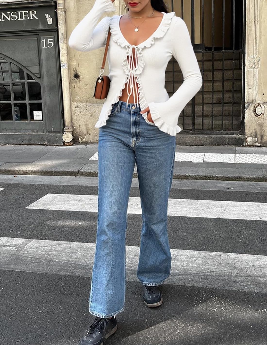 ZESICA Womens 2026 Fall Tie Front Bow Cardigan Sweaters Long Bell Sleeve V Neck Ruffled Knit Cropped Trendy Tops - Image 5