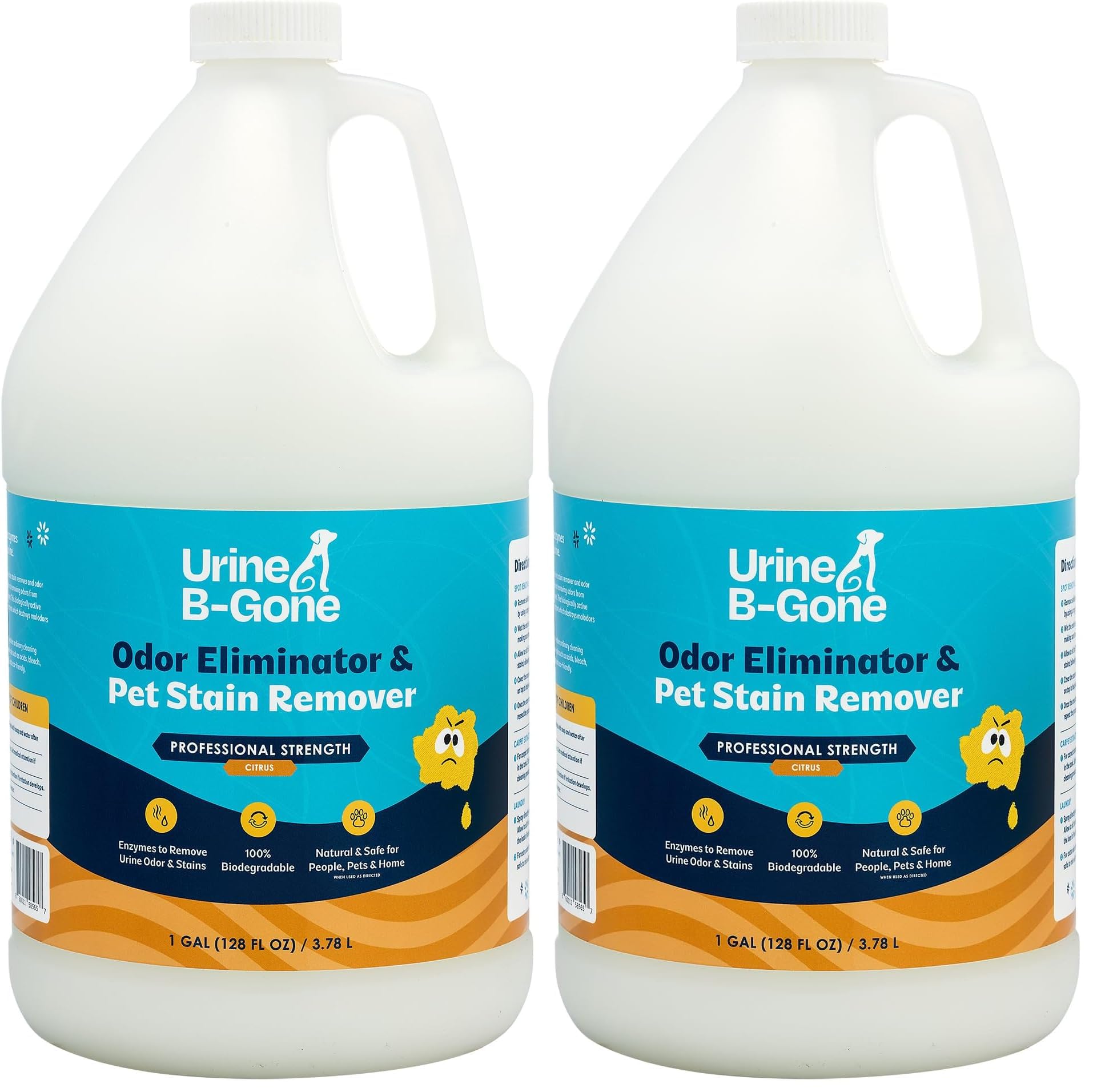 Urine B-Gone, Professional Enzyme Odor Eliminator &amp; Pet Stain Remover, Human, Cat &amp; Dog Urine Cleaner, Effective on Laundry, Carpets &amp; More, Citrus Scent, 1 Gallon (Pack of 2)