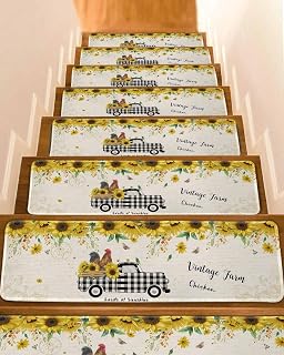 15 Pack Stair Treads for Wooden Steps, Chicken Black Buffalo Plaid Trucks Indoor Non-Slip Staircase Step Treads Carpet Mat, Vintage Sunflower Leaves Stair Mats for Pets Dogs Elders 8x30In