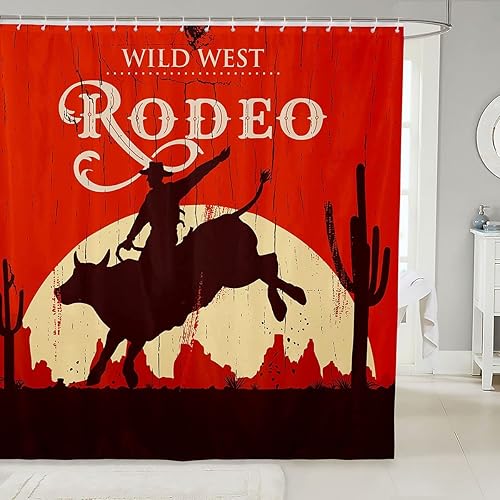 Erosebridal Rodeo - Cortina de ducha occidental para niños y niñas, juego de cortina de ducha con puesta de sol rojo, vaquera, ganado, toro, granja,