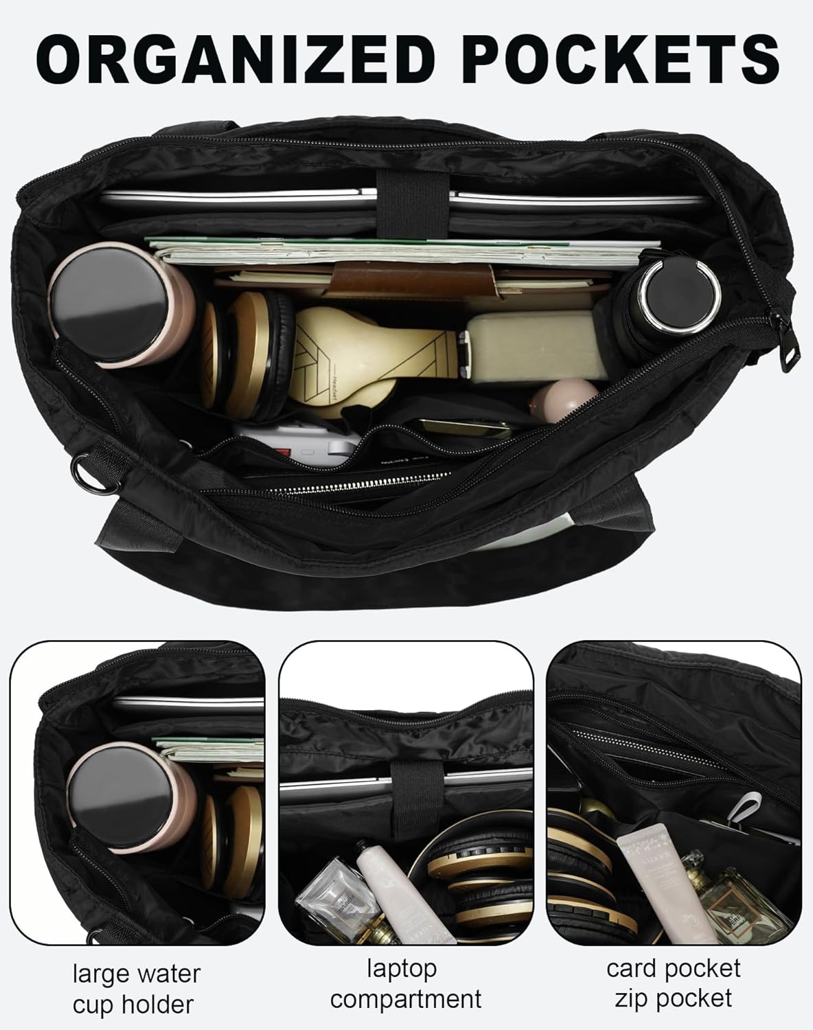 Quilted Puffer Tote Bag for Women, 21L Work Hobo Tote, Lightweight Travel Shoulder Bag for Nurses/Commuters | 16" Laptop Sleeve, Foldable Design, Cup Holder Pocket, Daily Carry On Bags - Image 5