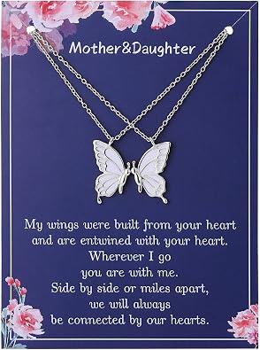 RS Mother Daughter Mom Necklaces Set 2 Butterfly Matching Necklace Women Mothers Day Christmas Valentines Pendant Chain Jewelry Girls Gifts
