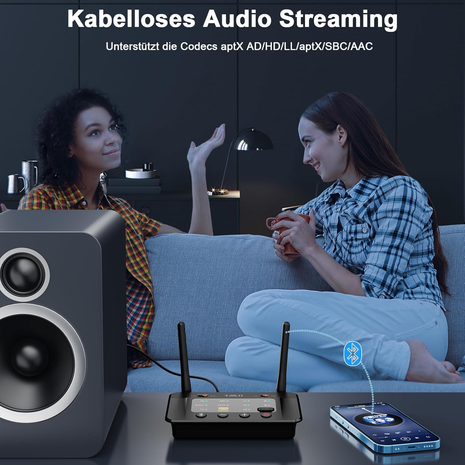 1Mii B03S Bluetooth Transmitter & Empfänger für TV und Stereoanlage, 3-in-1 HiFi Audio Adapter mit ESS DAC, aptX Adaptive & Low Latency, Dual Link für 2 Kopfhörer, Bluetooth 5.3, Optisch/Cinch/AUX