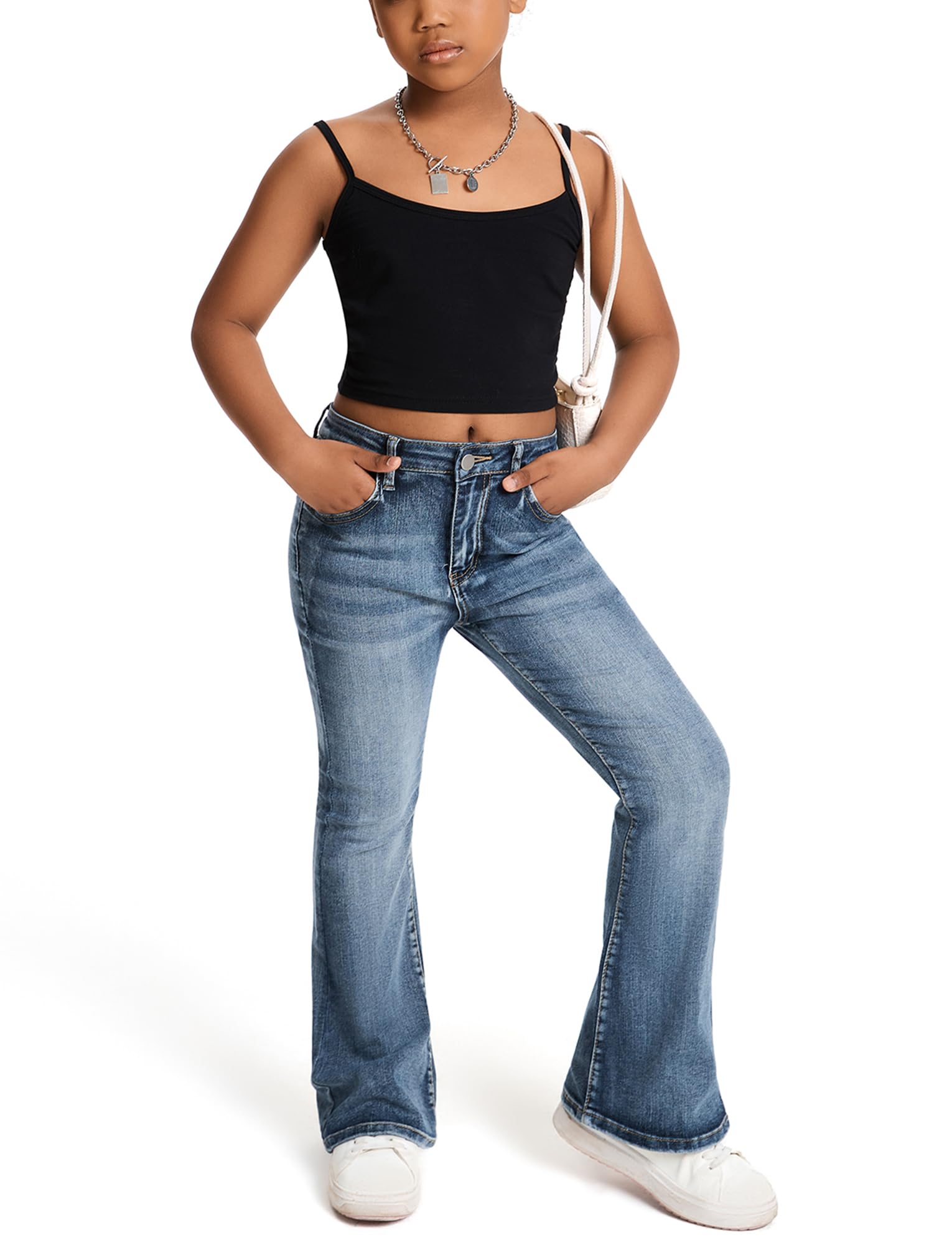 Happy Cherry Mädchen Schlaghose Jeanshosen Skinny Stretch Retro Bootcut Flare Hose Kinder Hohe Taille Blau Denim Glockenhose 130-160